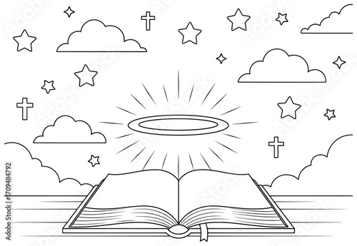 Bible vector illustration featuring an open holy book with glowing halo light surrounded by clouds stars and crosses in a minimal religious line art style