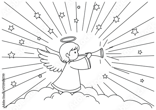 Angel vector illustration of a winged figure with halo blowing a trumpet while standing on clouds surrounded by radiant light beams and shining stars