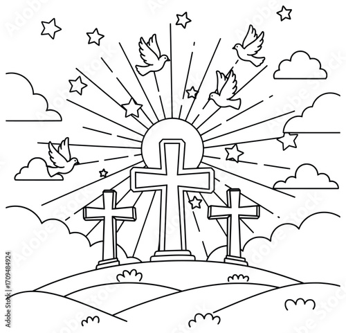 Cross vector illustration featuring three holy symbols on a hilltop with radiant sunlight beams surrounded by flying doves stars and clouds in line art