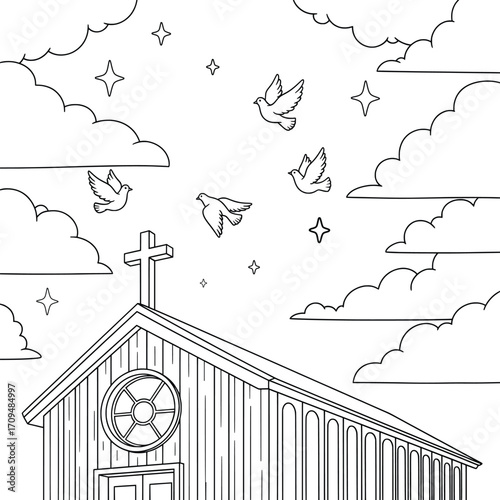 Church vector illustration featuring a chapel with cross steeple and round window surrounded by flying doves clouds and stars designed in minimal religious line art