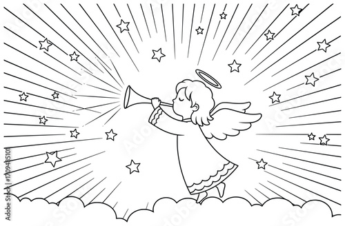 Angel vector illustration featuring a holy winged figure with halo blowing a trumpet while standing on clouds surrounded by radiant shining stars in line art