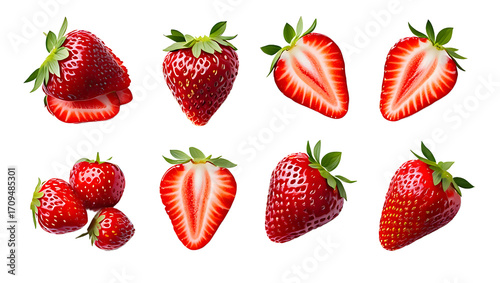 Collection of fresh strawberries whole and halved isolated on transparent background