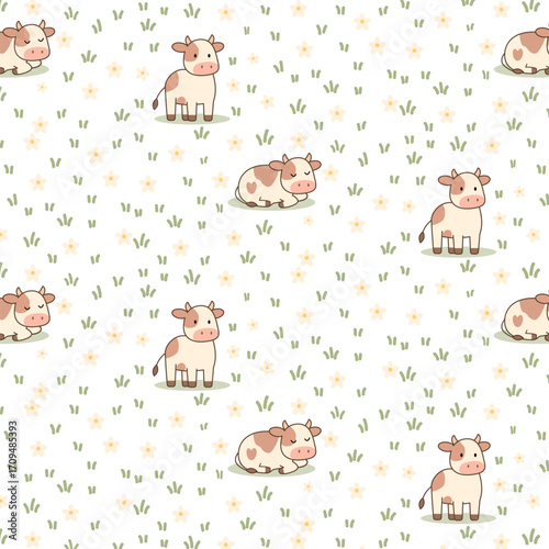 Cows in a meadow kawaii pattern. Cute cow print.