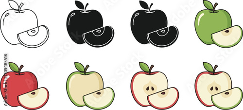 Collection of different styles and colors of apples, illustrating fresh fruit with slices and outlines