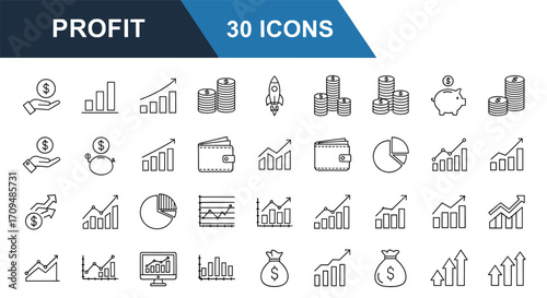 Profit Line Icon Set, Financial Growth, Investment, Money Bag, Rocket, Chart, Wallet, Piggy Bank, Business, Vector, Black White