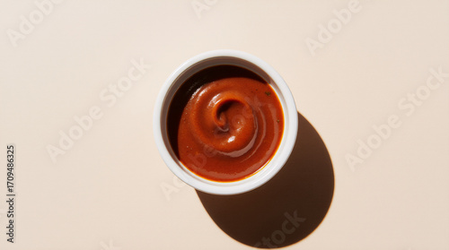 Ketchup swirl in a white ramekin on a warm cream background, clean top-down studio shot with soft halo shadow