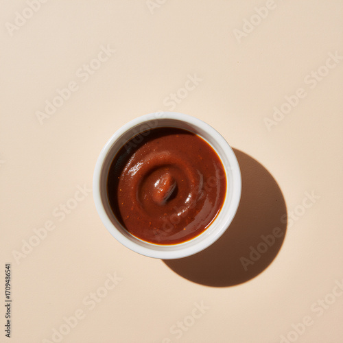 Ketchup swirl in a white ramekin on a warm cream background, clean top-down studio shot with soft halo shadow