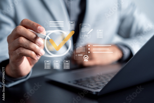 Checklist and document planning with approval marks, compliance verification, workflow management, audit process, business strategy, and corporate administration system.