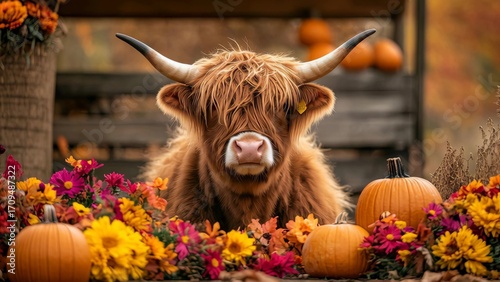Curious highland cow amidst autumn pumpkins and flowers in a rustic farm setting