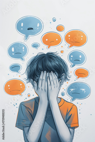 A sad child covers their face, surrounded by illustrative speech bubbles representing cyberbullying, anxiety, and mental health struggles