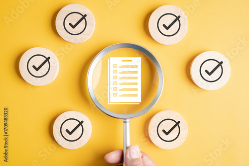 Digital form document check with magnifying glass and approval icons, compliance verification, checklist validation, audit process, business workflow, and corporate administration system.