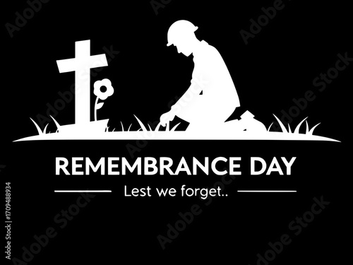 A white silhouette of a kneeling person at a grave, facing forward, positioned slightly left of center. A red poppy rests on a white cross in the center. Dark gray/black background, subdued lighting, 