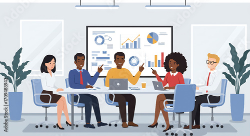 A clean and professional illustration of a business team having a meeting, perfect for articles, presentations, and corporate websites.