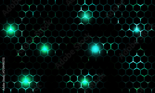Hexagonal cyberspace green background. Hexagon grid tech pattern.