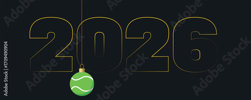 New Year's sports calendar, tennis tournament in 2026, flat illustration, tennis ball. Banner, professional tournament, champion, sports club, activity, hobby, championship