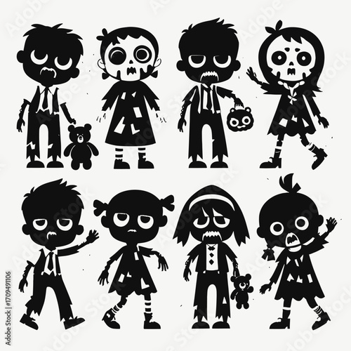 A collection of stylized, black silhouette illustrations of various zombie children, some holding teddy bears, with tattered clothing and vacant expressions.
