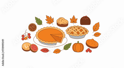 Assorted Delicious Pies and Cakes with Fresh Fruits Nuts Autumn Leaves and Pumpkins for Seasonal Celebrations and Festive Desserts in a Bright Colorful Flat Style
