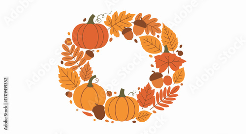 Autumn Harvest Fall Decor Wreath Made of Pumpkins, Maple and Oak Leaves, Acorns, and Fall Foliage for Seasonal Celebrate Thanksgiving Thanksgiving or Halloween Theme, Autumn Festival, Fall Harvest
