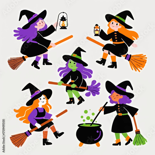 Whimsical Halloween illustration featuring cartoon witches with colorful hair flying on brooms and stirring a cauldron.