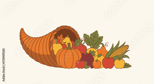 Colorful Autumn Harvest Cornucopia Filled with Pumpkins, Apples, Grapes, Corn on the Cob, and Autumn Fruits and Vegetables for Thanksgiving and Fall Celebration Decorations