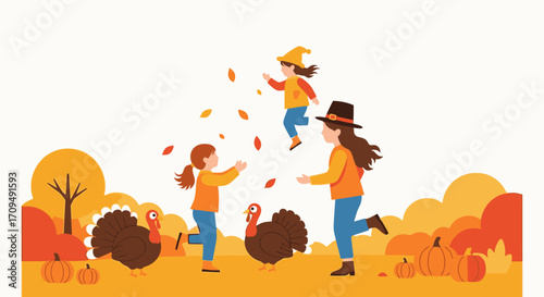 Colorful Autumn Thanksgiving Celebration Scene with Family Kids and Turkeys, Fall Harvest Decorations, Pumpkins, Leaves, and Fun Outdoors in a Bright, Cheerful Mood for Holiday and Seasonal Events