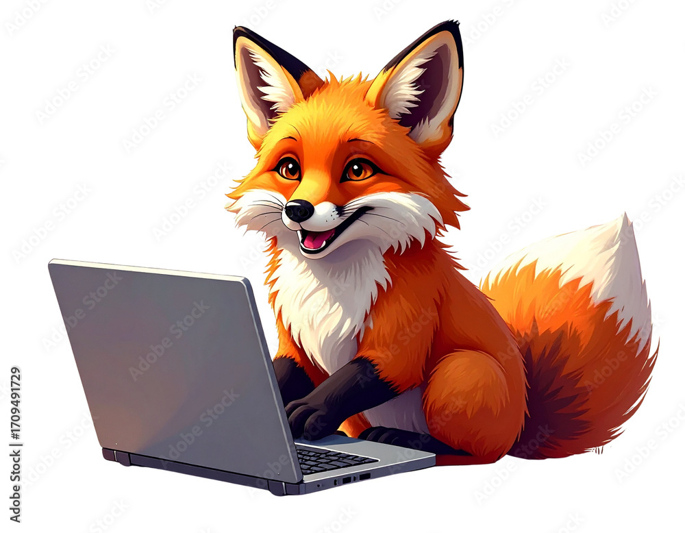 Fototapeta premium Cheerful fox with laptop