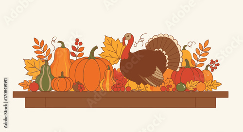 Festive Autumn Harvest Display with Colorful Pumpkins Gourds Falling Leaves and Thanksgiving Turkey on Rustic Wooden Table for Seasonal Celebrations and Holiday Decor