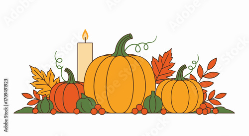 Festive Autumn Harvest with Pumpkins | Cozy Fall Decor with Candles and Autumn Leaves for Thanksgiving and Halloween Celebrations