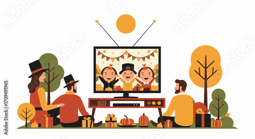 Festive Family Gathering with Kids Watching a Television Screen During Fall Celebration with Autumn Decorations, Pumpkins, Gifts, and Outdoor Setting for Holiday Party or Community Event