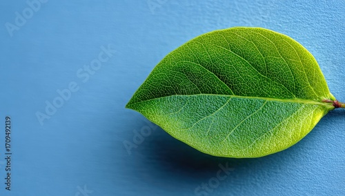 Close-up of a vibrant green leaf against a light blue surface
