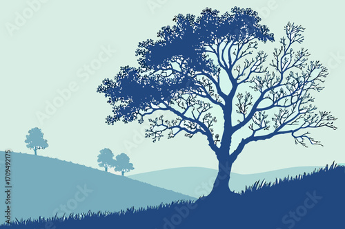 Serene Landscape Illustration with Rolling Hills

