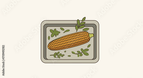 Fresh Organic Corn on the Cob in a Contemporary Serving Dish with Green Herbs, Perfect for Healthy Food Recipes, Vegetable Dishes, and Gourmet Cuisine Presentation, Vibrant Natural Colors