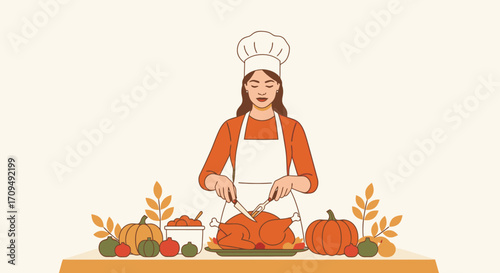 Happy Female Chef in a White Apron and Chef Hat Preparing a Delicious Roast Turkey for Thanksgiving or Special Celebration in a Cozy Kitchen with Autumn Decorations, Pumpkins, and Festive Atmosphere