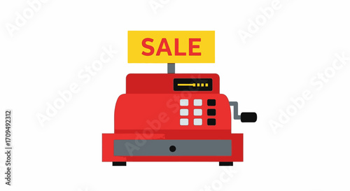 Bright Red Cash Register with Sale Sign on Top in a Retail Store Setting, Promotional Advertising for Discount Offers, Shop Marketing, Business Retail Commerce, E-commerce Sale Display