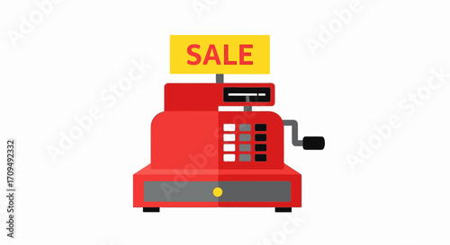 Bright Red Sale Cash Register with Bold Sale Sign for Retail Store Promotions, Advertising, and Market Marketing Campaigns, Featuring Digital Keypad and Drawer for Customer Transactions