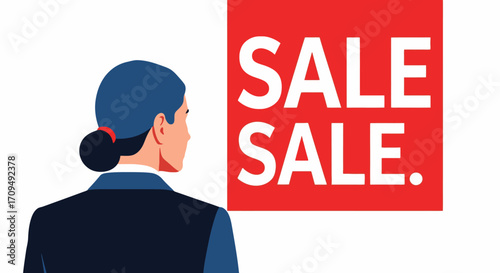 Businesswoman Standing in Front of a Bold Red Sale Sign Promoting Discount Offers and Special Promotions for Retail Shopping, E-Commerce, and Customer Engagement Campaigns