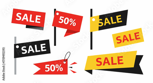 Collection of Promotional Sale Signage and Discount Tags for Retail Marketing, Featuring Bright Colorful Banners and Labels Highlighting 50% and Sale Offers for Attracting Customers and Boosting Sales