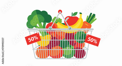 Healthy Fresh Fruits and Vegetables in a Shopping Basket with Discount Labels for Grocery Shopping and Food Retail Promotion - Colorful, Vibrant, and Inviting