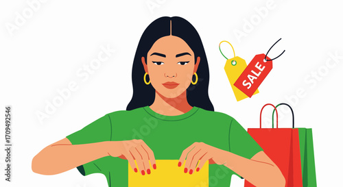 Fashionable Woman Shopping for Sale in Modern Retail Setting Holding Yellow Shopping Bag with Discount Tag Surrounded by Shopping Bags and Sale Sign Using Trendy Style and Trendy Accessories for