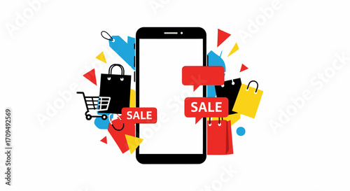 Mobile Shopping and E-commerce Sale Promotion Concept with Smartphone, Discount Tags, Shopping Bags, and Sale Labels for Digital Retail Marketing Campaigns