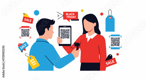 Modern Retail Technology Shopping Scene with QR Code Payment and Discount Tags for E-Commerce Promotions, Featuring Customer and Retailer Using Mobile Devices for Contactless Shopping and Black