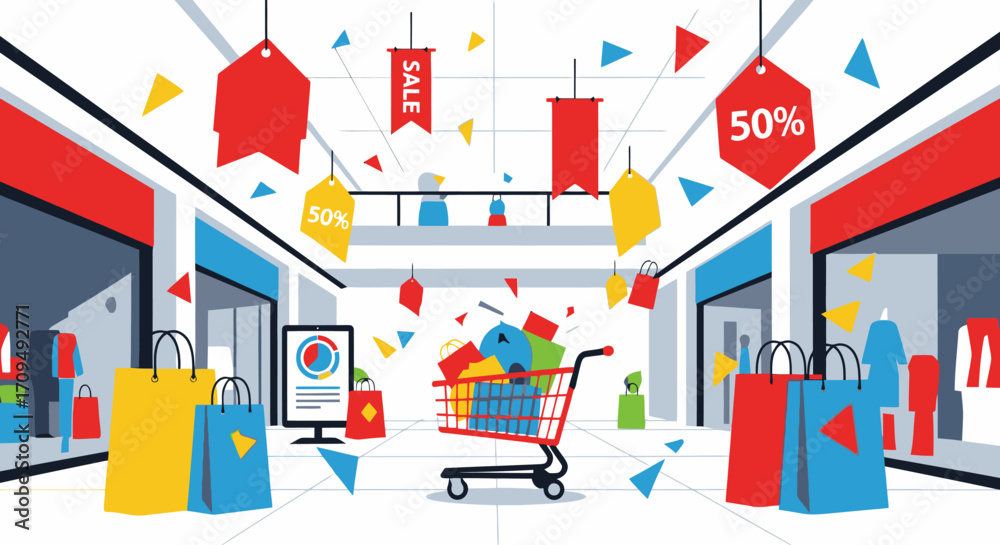 Fototapeta premium Vibrant Shopping Mall Celebration Scene with Sale Banners Decorations and Shopping Carts Filled with Goods for Holiday Sale Campaigns in a Modern Retail Environment