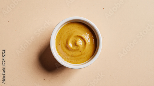 Yellow mustard in a white ramekin on a pale honey background, clean top-down studio shot with even diffusion