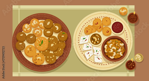 This flat design illustration showcases a tempting array of traditional Indian sweets and savory snacks, central to Diwali festivities.