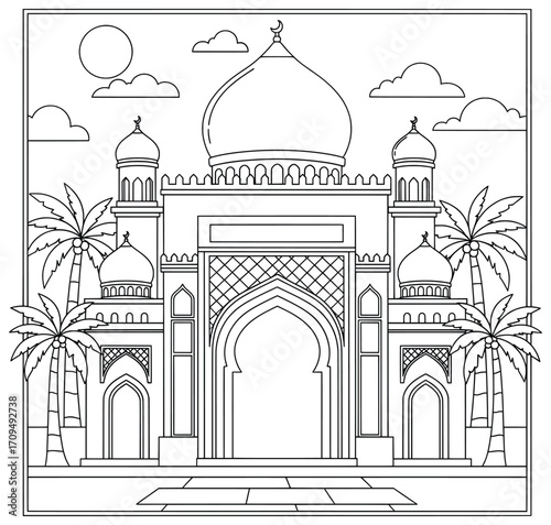 Mosque vector illustration with grand dome tall minarets decorative arch entrance palm trees and cloudy sky created in detailed black and white line art style