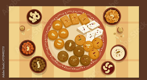 This flat design illustration showcases a tempting array of traditional Indian sweets and savory snacks, central to Diwali festivities.