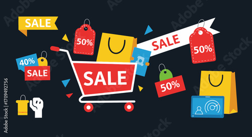 Vibrant Digital Illustration of Shopping Cart Filled with Sale Tags and Shopping Bags for Discount Promotions, E-commerce Marketing, and Retail Sale Campaigns in Bright Colors