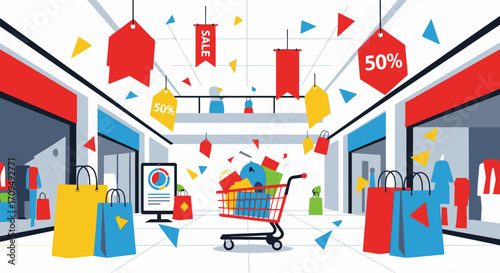 Vibrant Shopping Mall Celebration Scene with Sale Banners Decorations and Shopping Carts Filled with Goods for Holiday Sale Campaigns in a Modern Retail Environment