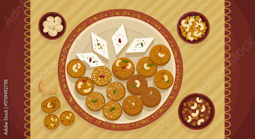 This flat design illustration showcases a tempting array of traditional Indian sweets and savory snacks, central to Diwali festivities.