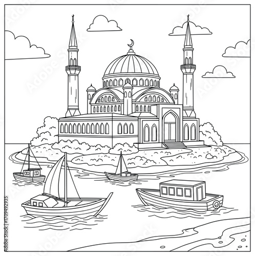 Mosque vector illustration with dome minarets island landscape sailing boats and cloudy sky created in elegant black and white line art style